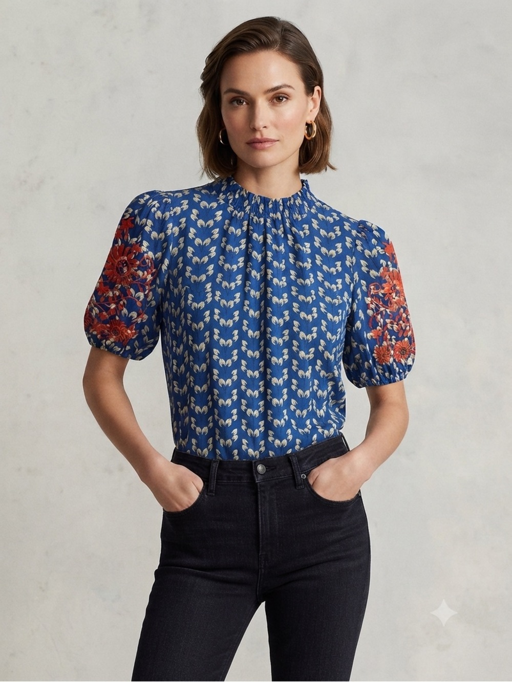 Blue Floral Puff-Sleeve Women's Top with Red Embroidery